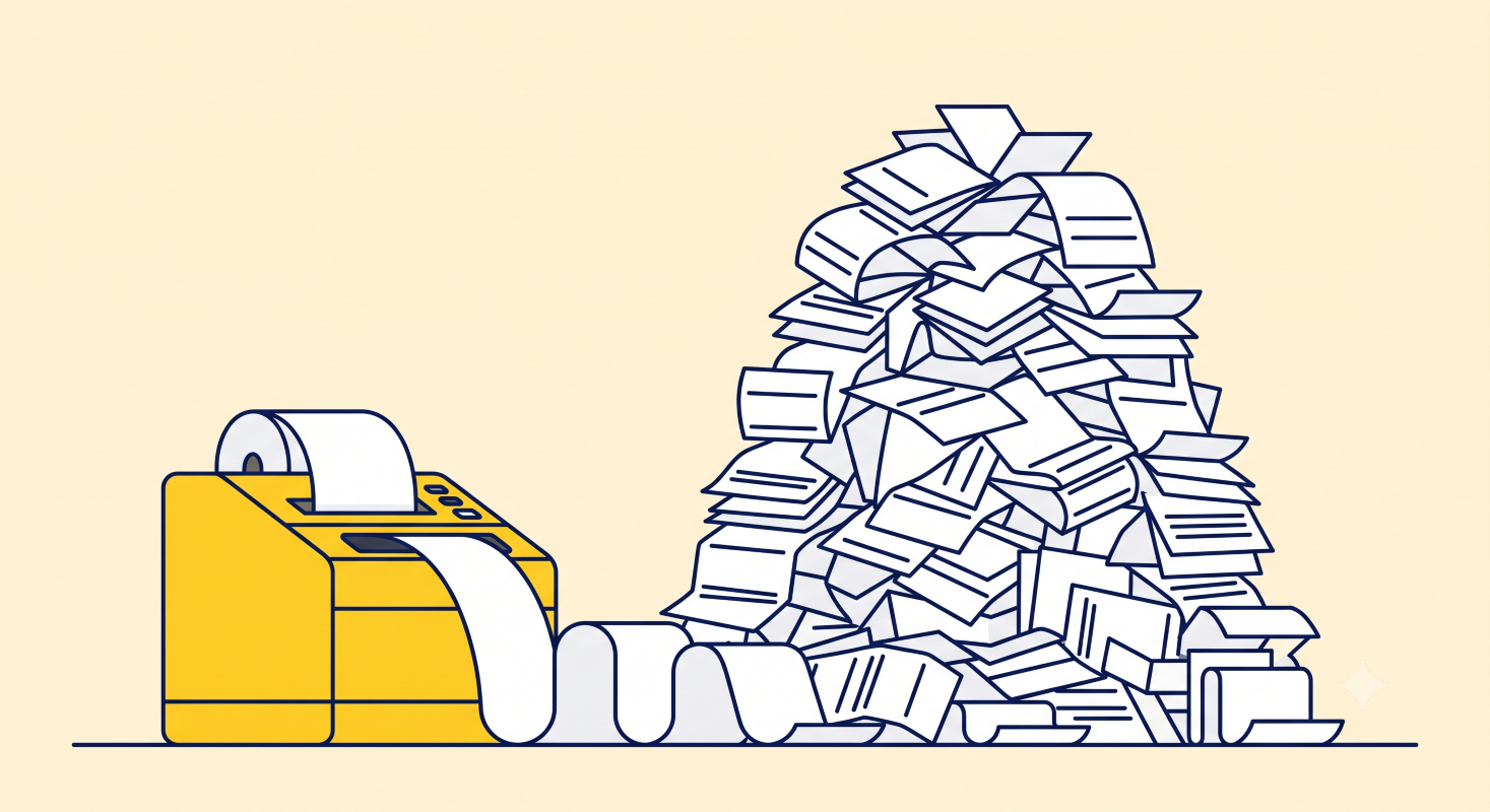 Een printer die een enorme stapel tickets en facturen uitspuugt